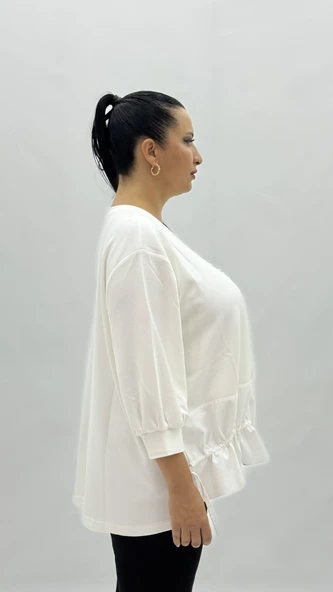 Büyük Beden Viskon Taşlı İnci Detaylı Kapri Kol Oversize Kadın Bluz - Resim 5