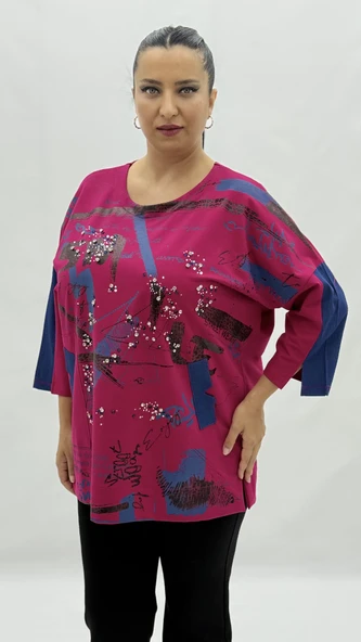 Büyük Beden Viskon Taşlı Cepli Kapri Kol Oversize Kadın Sweat - Resim 2