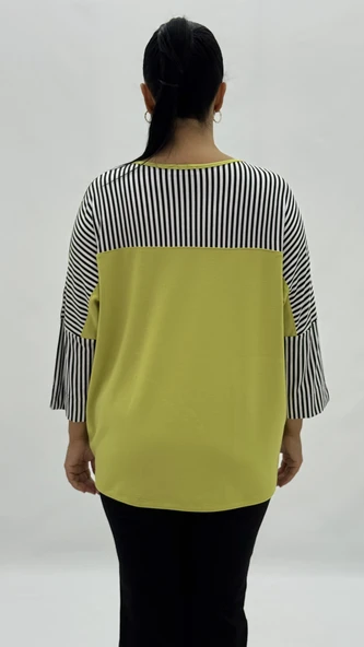 Büyük Beden Viskon Taşlı İnci Detaylı Cepli Kapri Kol Oversize Kadın Bluz - Resim 4