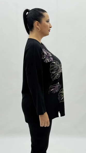 Büyük Beden Viskon Taşlı İnci Detaylı Uzun Kol Oversize Kadın Bluz - Resim 5