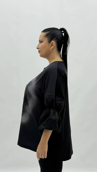 Büyük Beden Viskon Taşlı İnci Detaylı Karpuz Kol Oversize Kadın Bluz - Resim 3