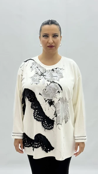 Büyük Beden Viskon Taşlı Uzun Kol Oversize Kadın Bluz ürün görseli