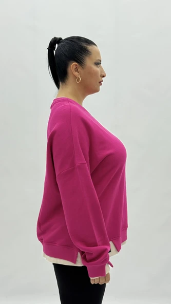 Büyük Beden Pamuklu Uzun Kollu Oversize Kadın Sweat - Resim 5