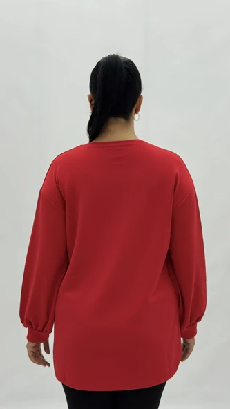 Büyük Beden Viskon Kalp Grafikli Taşlı Uzun Kol Oversize Kadın Bluz - Resim 4