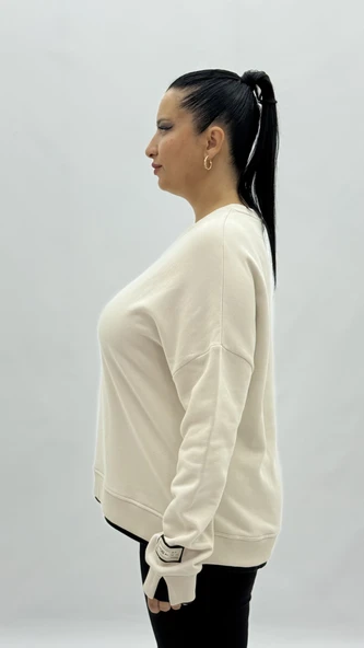 Büyük Beden Pamuklu Uzun Kollu Oversize Kadın Sweat - Resim 9