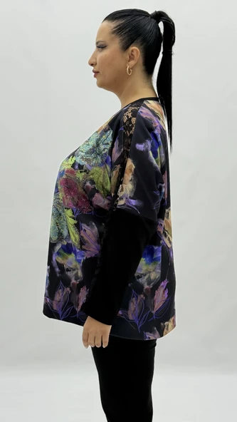 Büyük Beden Viskon Çiçek Desenli Taşlı Uzun Kol Oversize Kadın Bluz - Resim 3