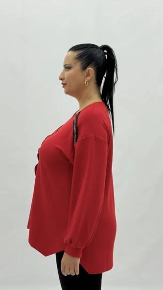 Büyük Beden Viskon Kalp Grafikli Taşlı Uzun Kol Oversize Kadın Bluz - Resim 3