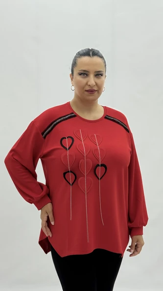 Büyük Beden Viskon Kalp Grafikli Taşlı Uzun Kol Oversize Kadın Bluz - Resim 2