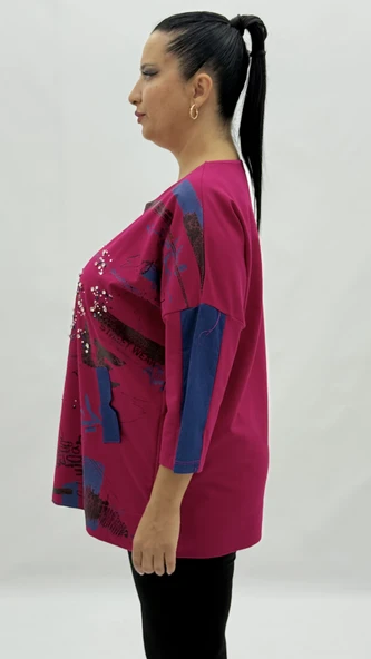 Büyük Beden Viskon Taşlı Cepli Kapri Kol Oversize Kadın Sweat - Resim 3