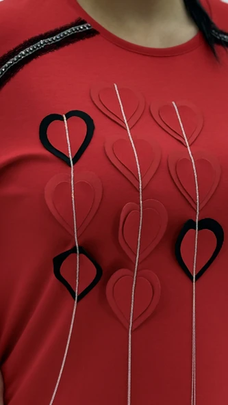 Büyük Beden Viskon Kalp Grafikli Taşlı Uzun Kol Oversize Kadın Bluz - Resim 6