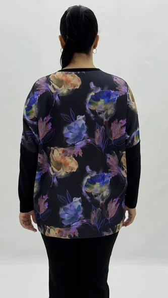 Büyük Beden Viskon Çiçek Desenli Taşlı Uzun Kol Oversize Kadın Bluz - Resim 4