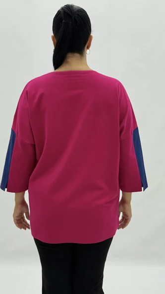 Büyük Beden Viskon Taşlı Cepli Kapri Kol Oversize Kadın Sweat - Resim 4