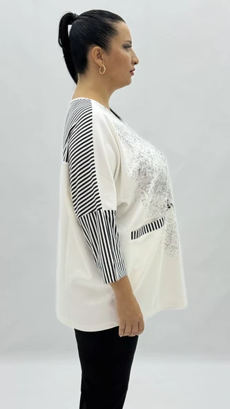 Büyük Beden Viskon Taşlı İnci Detaylı Cepli Kapri Kol Oversize Kadın Bluz - Resim 10