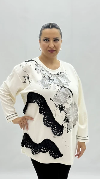 Büyük Beden Viskon Taşlı Uzun Kol Oversize Kadın Bluz - Resim 2