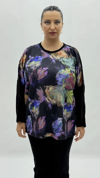 Büyük Beden Viskon Çiçek Desenli Taşlı Uzun Kol Oversize Kadın Bluz ürün görseli