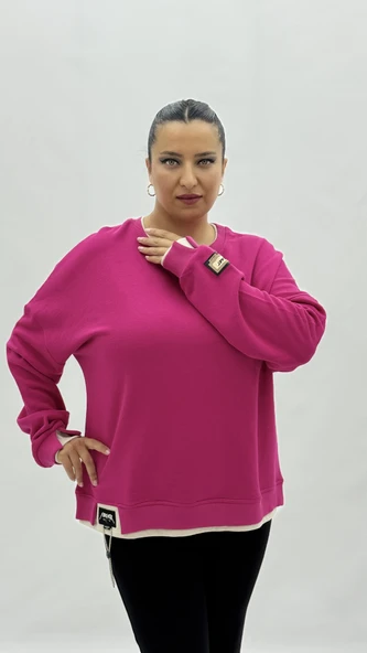 Büyük Beden Pamuklu Uzun Kollu Oversize Kadın Sweat - Resim 2