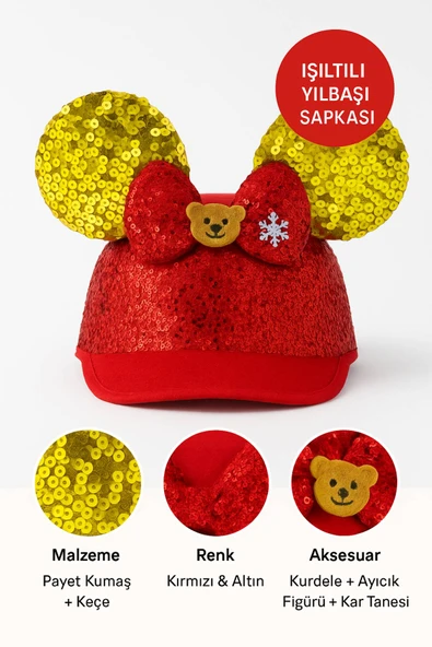 Işıltılı Kırmızı Payetli Yılbaşı Şapkası – Altın Kulaklı, Kurdele ve Ayıcık Figürlü Parti Aksesuarı - Resim 2