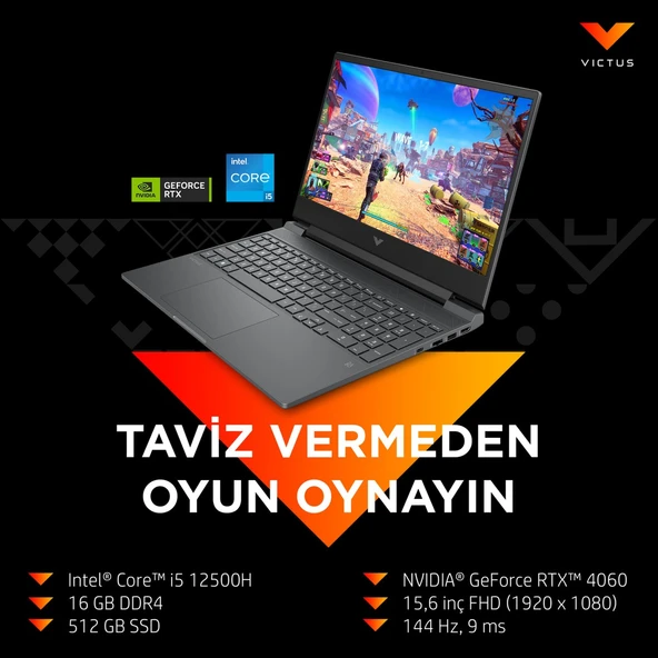 HP Victus Gaming 15 Intel Core i5 12500H 16GB 512GB SSD RTX4060 Freedos 15.6" Taşınabilir Bilgisayar B03C7EA - Resim 3