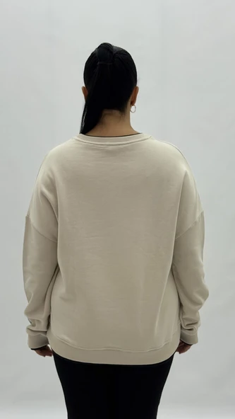 Büyük Beden Pamuklu Uzun Kollu Oversize Kadın Sweat - Resim 10