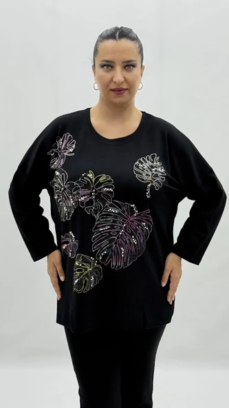 Büyük Beden Viskon Taşlı İnci Detaylı Uzun Kol Oversize Kadın Bluz - Resim 2