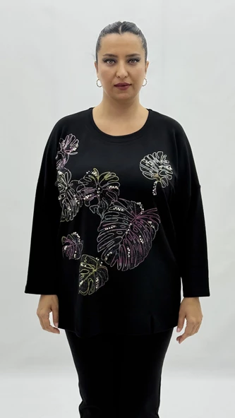 Büyük Beden Viskon Taşlı İnci Detaylı Uzun Kol Oversize Kadın Bluz ürün görseli