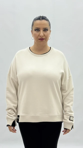 Büyük Beden Pamuklu Uzun Kollu Oversize Kadın Sweat - Resim 7