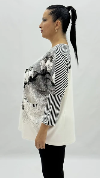 Büyük Beden Viskon Taşlı İnci Detaylı Cepli Kapri Kol Oversize Kadın Bluz - Resim 8