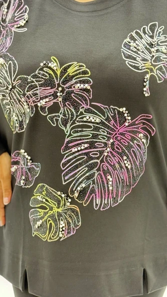 Büyük Beden Viskon Taşlı İnci Detaylı Uzun Kol Oversize Kadın Bluz - Resim 6