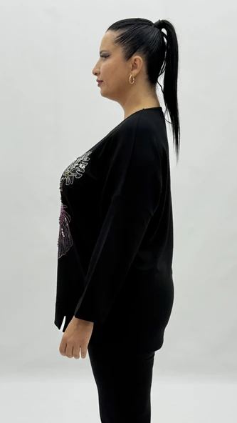 Büyük Beden Viskon Taşlı İnci Detaylı Uzun Kol Oversize Kadın Bluz - Resim 3