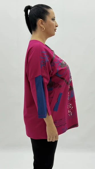 Büyük Beden Viskon Taşlı Cepli Kapri Kol Oversize Kadın Sweat - Resim 5