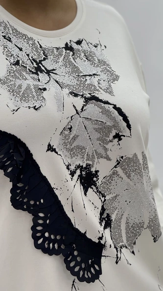 Büyük Beden Viskon Taşlı Uzun Kol Oversize Kadın Bluz - Resim 7