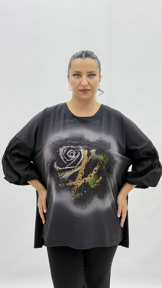 Büyük Beden Viskon Taşlı İnci Detaylı Karpuz Kol Oversize Kadın Bluz - Resim 2