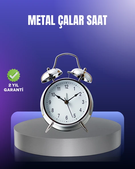 Yuvarlak Gümüş Dekoratif Işıklı Masa Üstü Saat Alarmlı Sessiz Çalışma