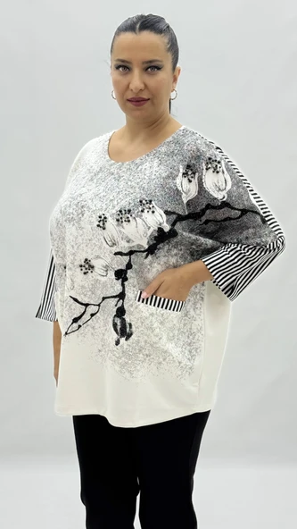 Büyük Beden Viskon Taşlı İnci Detaylı Cepli Kapri Kol Oversize Kadın Bluz - Resim 7