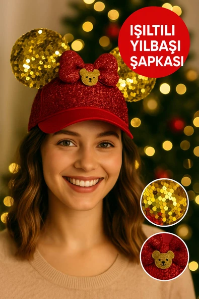 Işıltılı Kırmızı Payetli Yılbaşı Şapkası – Altın Kulaklı, Kurdele ve Ayıcık Figürlü Parti Aksesuarı ürün görseli 1