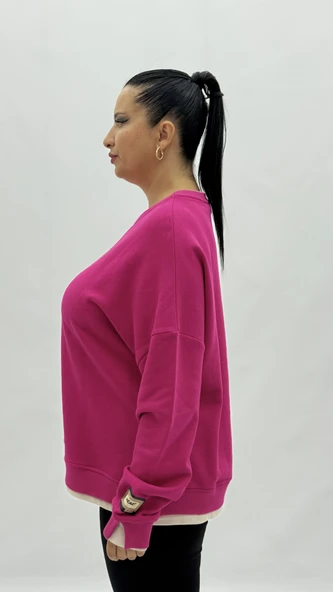 Büyük Beden Pamuklu Uzun Kollu Oversize Kadın Sweat - Resim 3