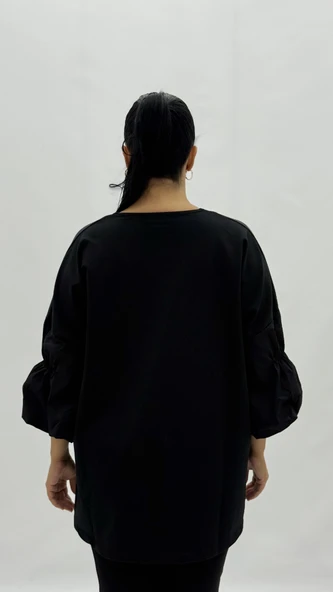 Büyük Beden Viskon Taşlı İnci Detaylı Karpuz Kol Oversize Kadın Bluz - Resim 4