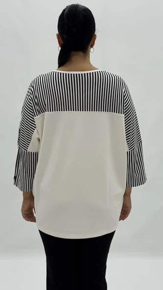 Büyük Beden Viskon Taşlı İnci Detaylı Cepli Kapri Kol Oversize Kadın Bluz - Resim 9