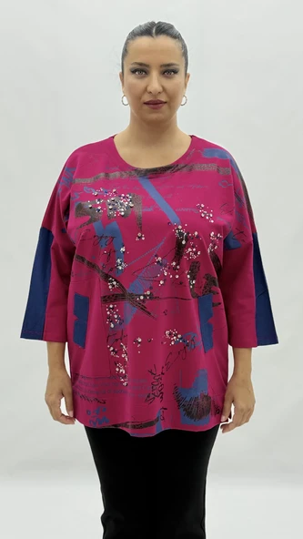 Büyük Beden Viskon Taşlı Cepli Kapri Kol Oversize Kadın Sweat ürün görseli