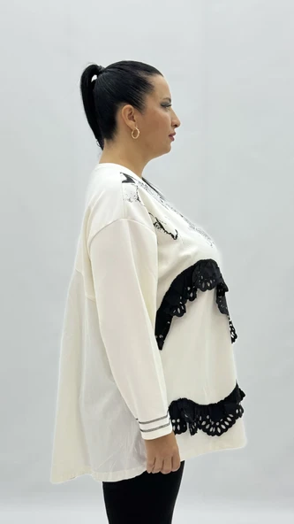 Büyük Beden Viskon Taşlı Uzun Kol Oversize Kadın Bluz - Resim 5