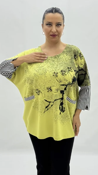 Büyük Beden Viskon Taşlı İnci Detaylı Cepli Kapri Kol Oversize Kadın Bluz - Resim 2