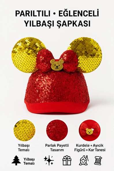 Işıltılı Kırmızı Payetli Yılbaşı Şapkası – Altın Kulaklı, Kurdele ve Ayıcık Figürlü Parti Aksesuarı - Resim 3