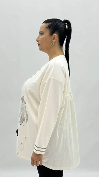 Büyük Beden Viskon Taşlı Uzun Kol Oversize Kadın Bluz - Resim 3