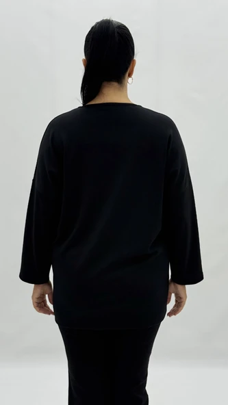 Büyük Beden Viskon Taşlı İnci Detaylı Uzun Kol Oversize Kadın Bluz - Resim 4