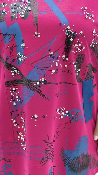 Büyük Beden Viskon Taşlı Cepli Kapri Kol Oversize Kadın Sweat - Resim 6