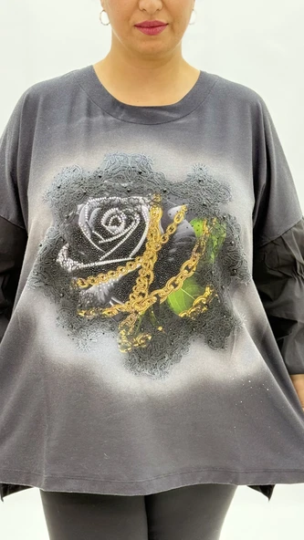 Büyük Beden Viskon Taşlı İnci Detaylı Karpuz Kol Oversize Kadın Bluz - Resim 6