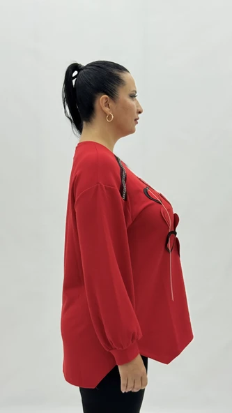 Büyük Beden Viskon Kalp Grafikli Taşlı Uzun Kol Oversize Kadın Bluz - Resim 5