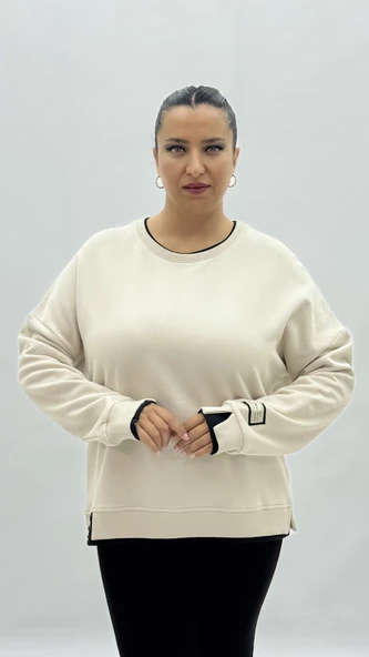 Büyük Beden Pamuklu Uzun Kollu Oversize Kadın Sweat - Resim 8