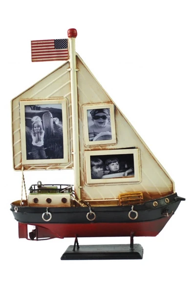 Dekoratif Resim Çerçeveli Metal Yelkenli Gemi 35cm - Resim 7