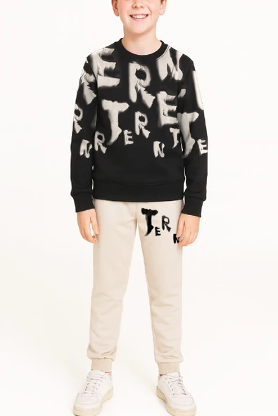 Erkek Çocuk 2 İplik Şardonsuz Alt-Üst Takım Yazı Baskılı 3-10 Yaş 12413 - Resim 3